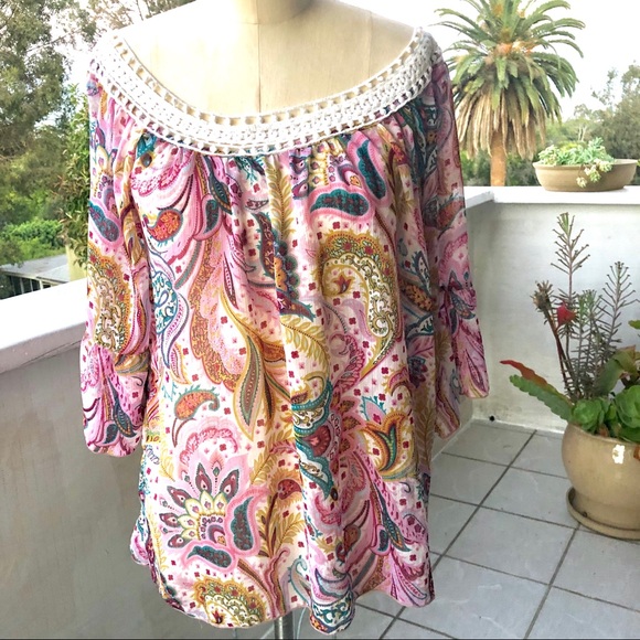 Lavish Tops - 3/$20 Lavish Off Shoulder Floral Paisley Flowy Top
